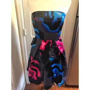 New Express Black Pink Blue Floral Silky Strapless Dress Occasion Party Size 6